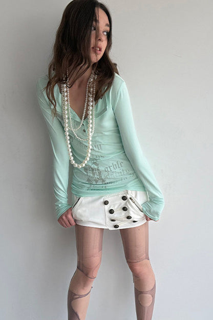 Long-Sleeved Gothic Print Henry Collar T-shirt