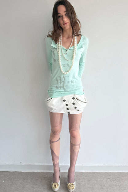 Long-Sleeved Gothic Print Henry Collar T-shirt