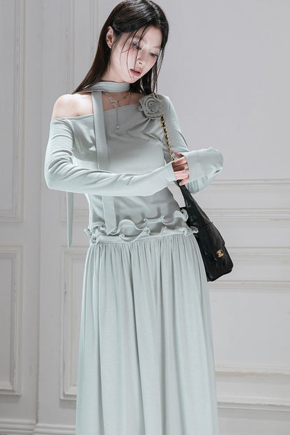 Off-Shoulder Wavy Edge Knit Top and Skirt Set