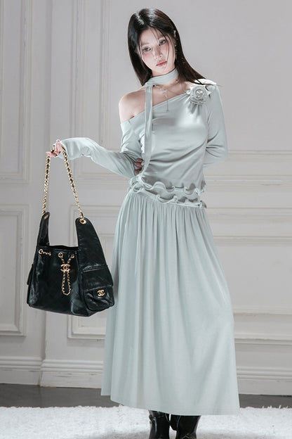 Off-Shoulder Wavy Edge Knit Top and Skirt Set
