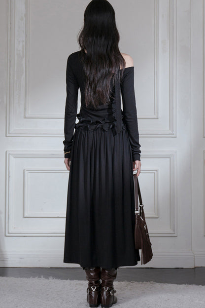Off-Shoulder Wavy Edge Knit Top and Skirt Set
