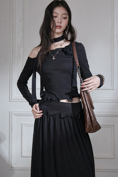 Off-Shoulder Wavy Edge Knit Top and Skirt Set