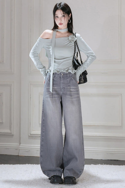 Off-Shoulder Wavy Edge Knit Top and Skirt Set