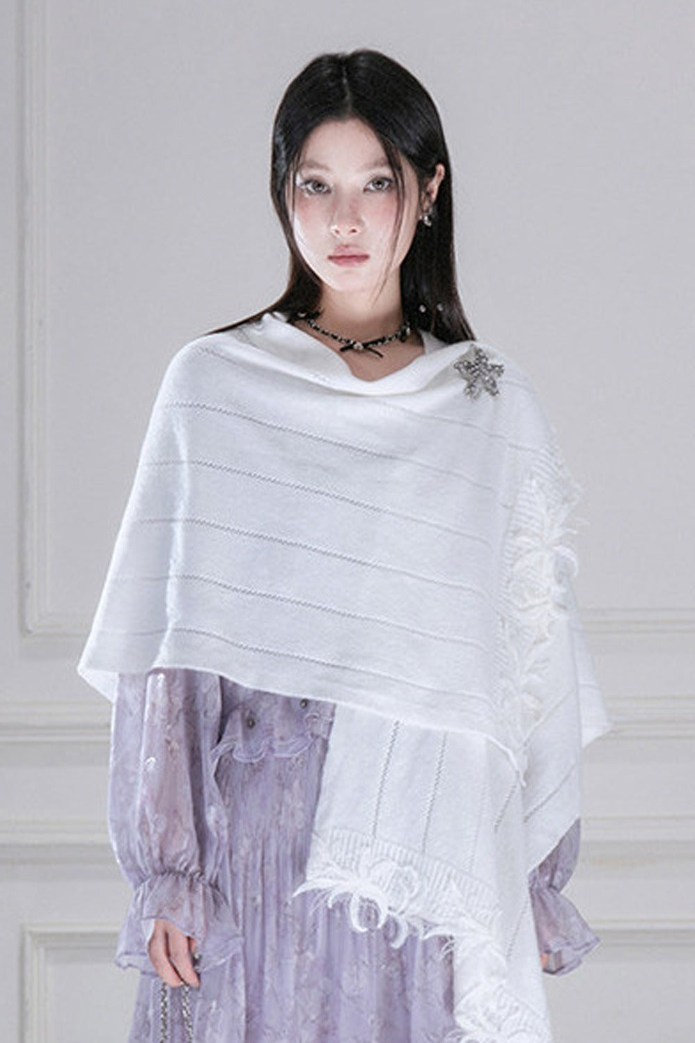 Woll-Strickjacke mit Wolken- und Blumenmuster
