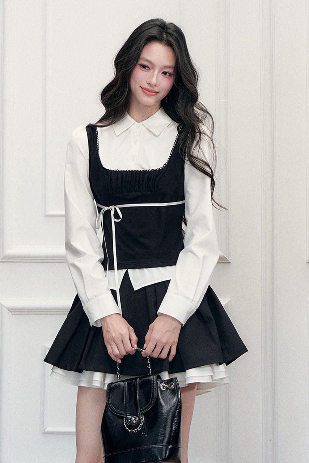 Lace Tie-Up Shirt Skirt Set-Up