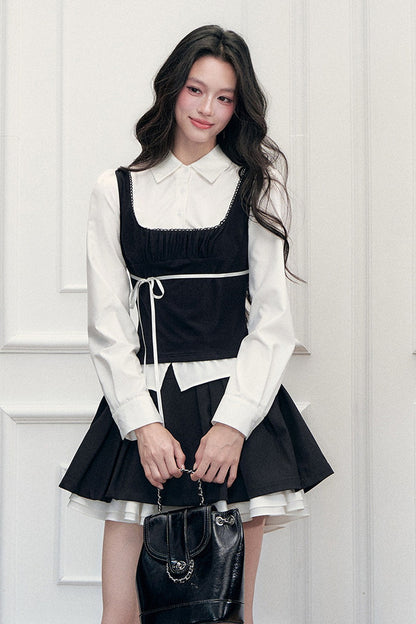 Lace Tie-Up Shirt Skirt Set-Up