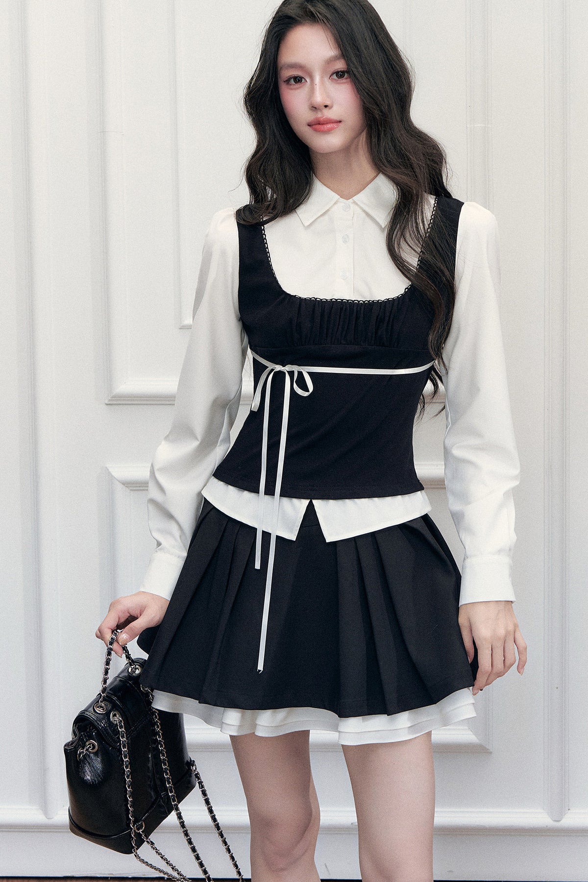 Lace Tie-Up Shirt Skirt Set-Up