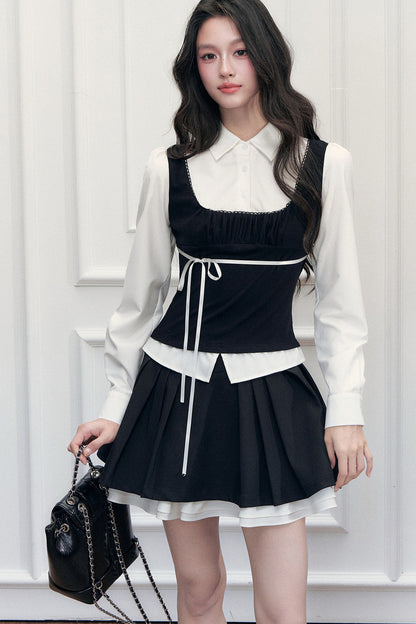 Lace Tie-Up Shirt Skirt Set-Up