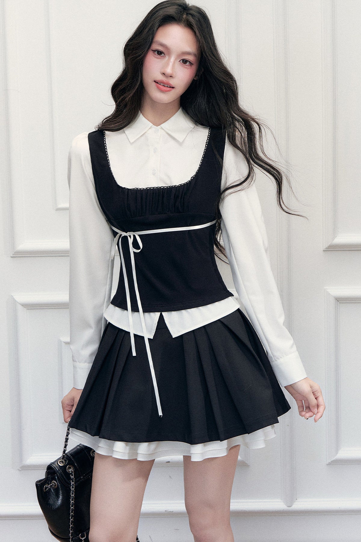 Lace Tie-Up Shirt Skirt Set-Up