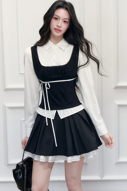Lace Tie-Up Shirt Skirt Set-Up