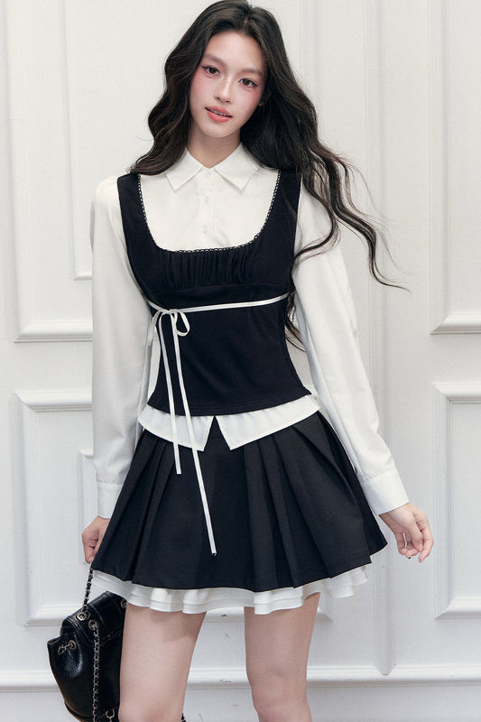Lace Tie-Up Shirt Skirt Set-Up