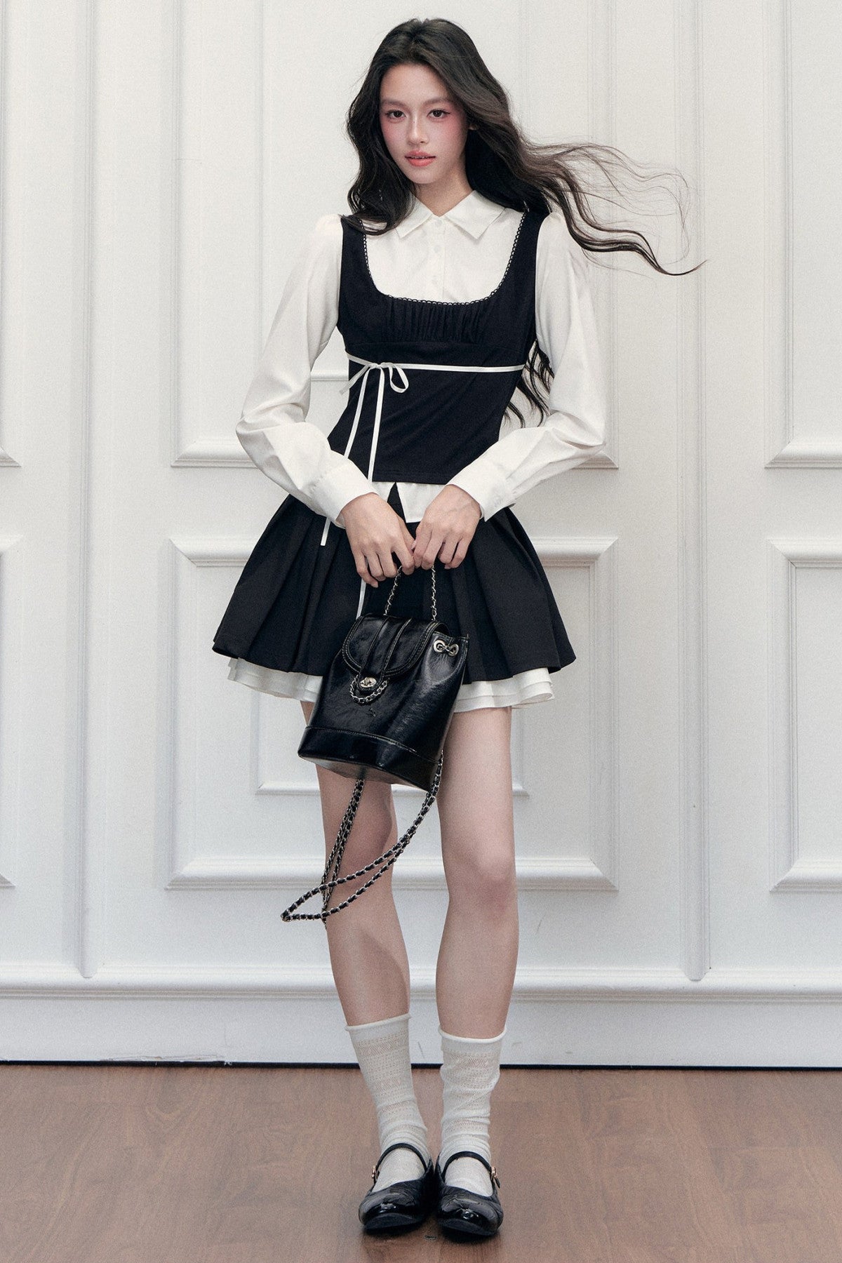 Lace Tie-Up Shirt Skirt Set-Up