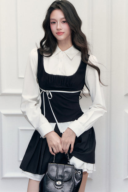 Lace Tie-Up Shirt Skirt Set-Up