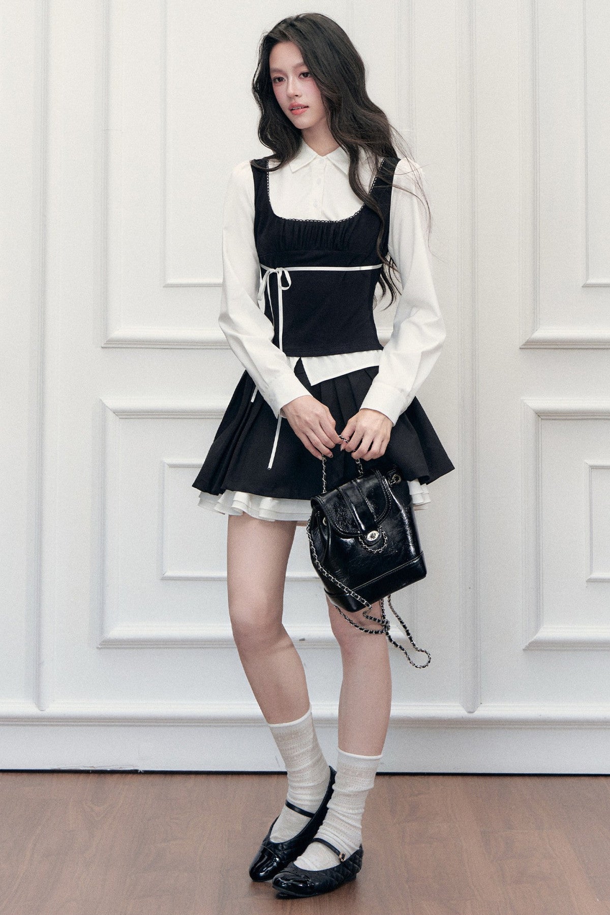 Lace Tie-Up Shirt Skirt Set-Up