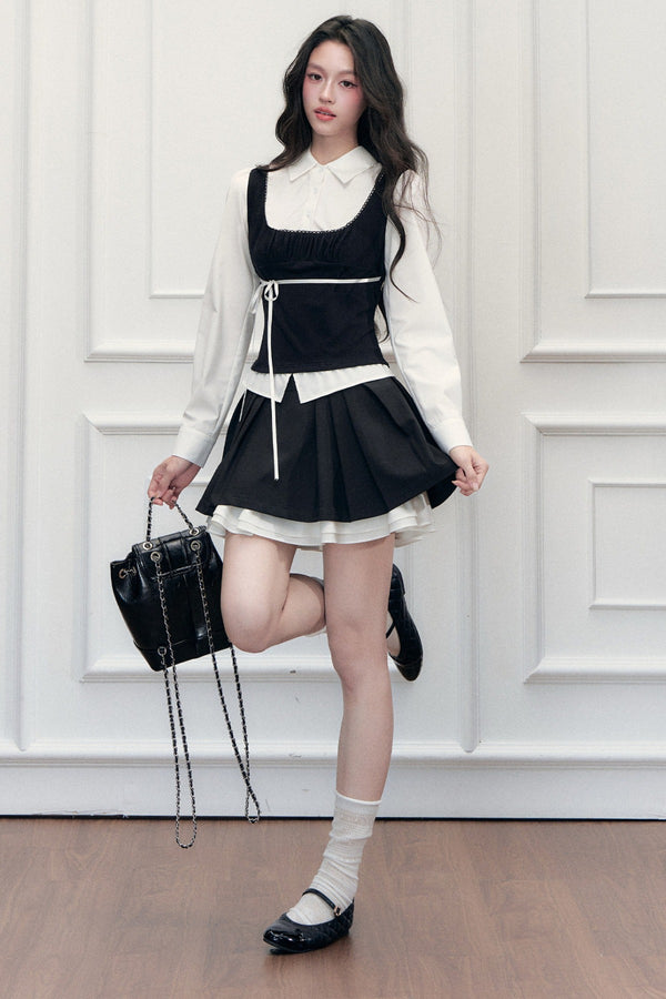 Lace Tie-Up Shirt Skirt Set-Up