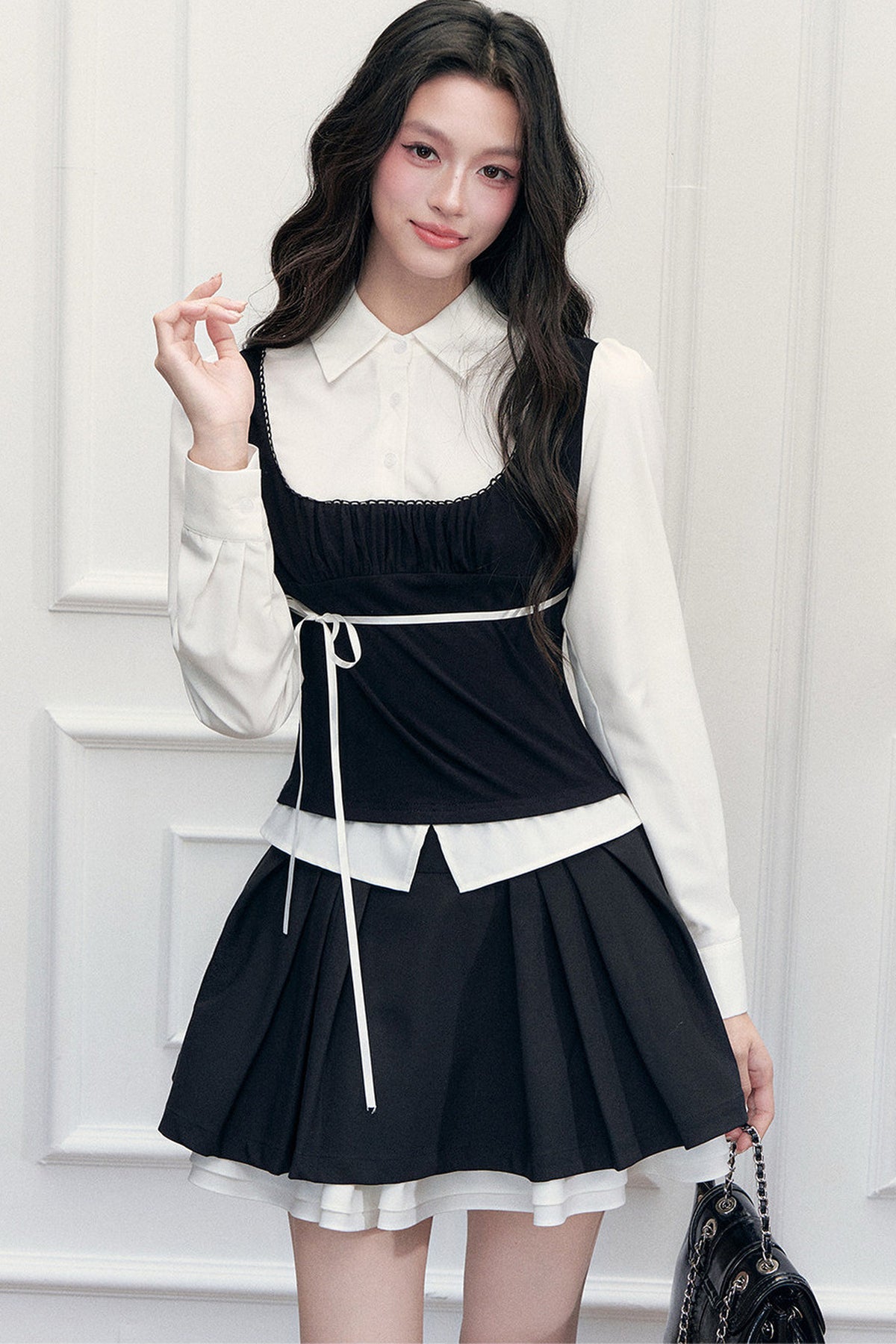 Lace Tie-Up Shirt Skirt Set-Up