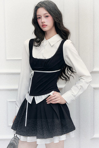 Lace Tie-Up Shirt Skirt Set-Up