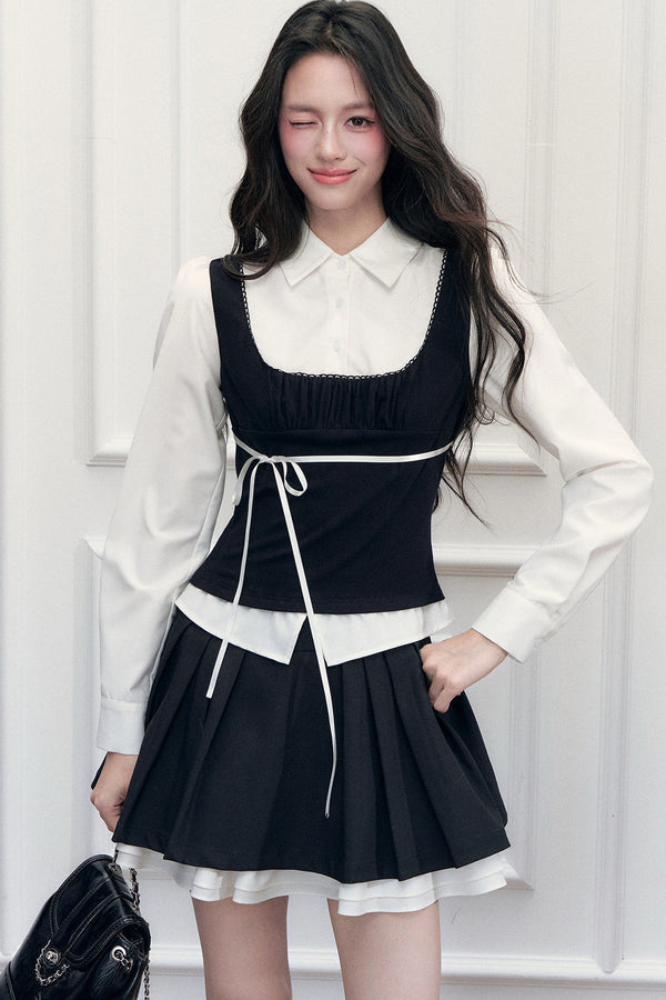 Lace Tie-Up Shirt Skirt Set-Up