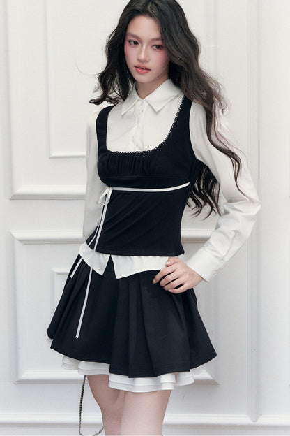 Lace Tie-Up Shirt Skirt Set-Up
