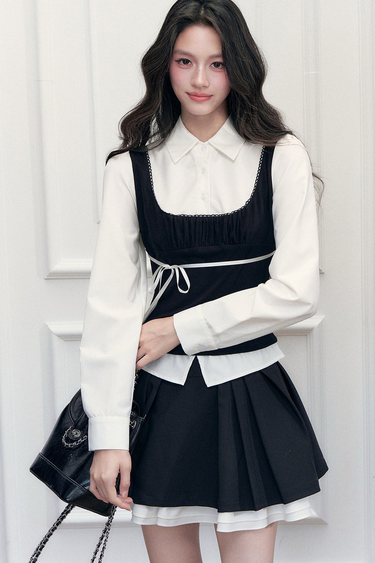Lace Tie-Up Shirt Skirt Set-Up