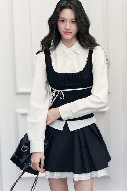 Lace Tie-Up Shirt Skirt Set-Up