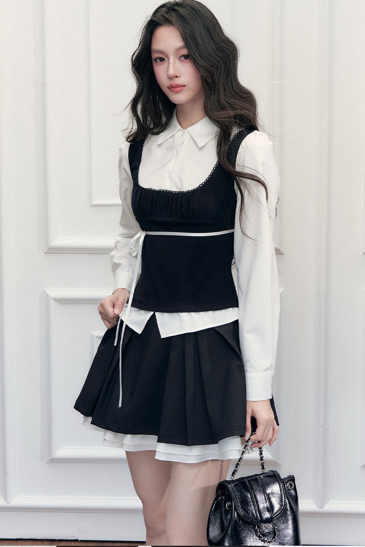 Lace Tie-Up Shirt Skirt Set-Up