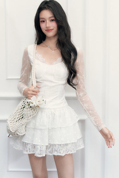 Lace Embroidered Top and Skirt Set-Up
