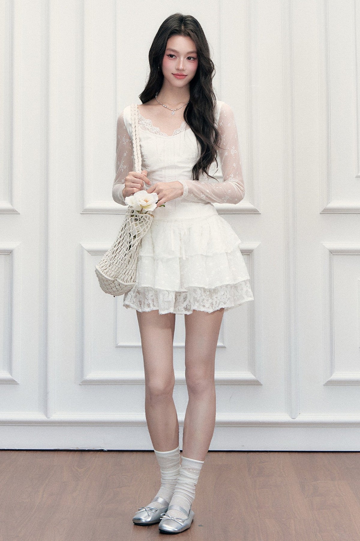 Lace Embroidered Top and Skirt Set-Up