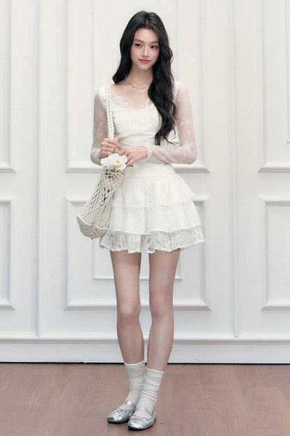 Lace Embroidered Top and Skirt Set-Up