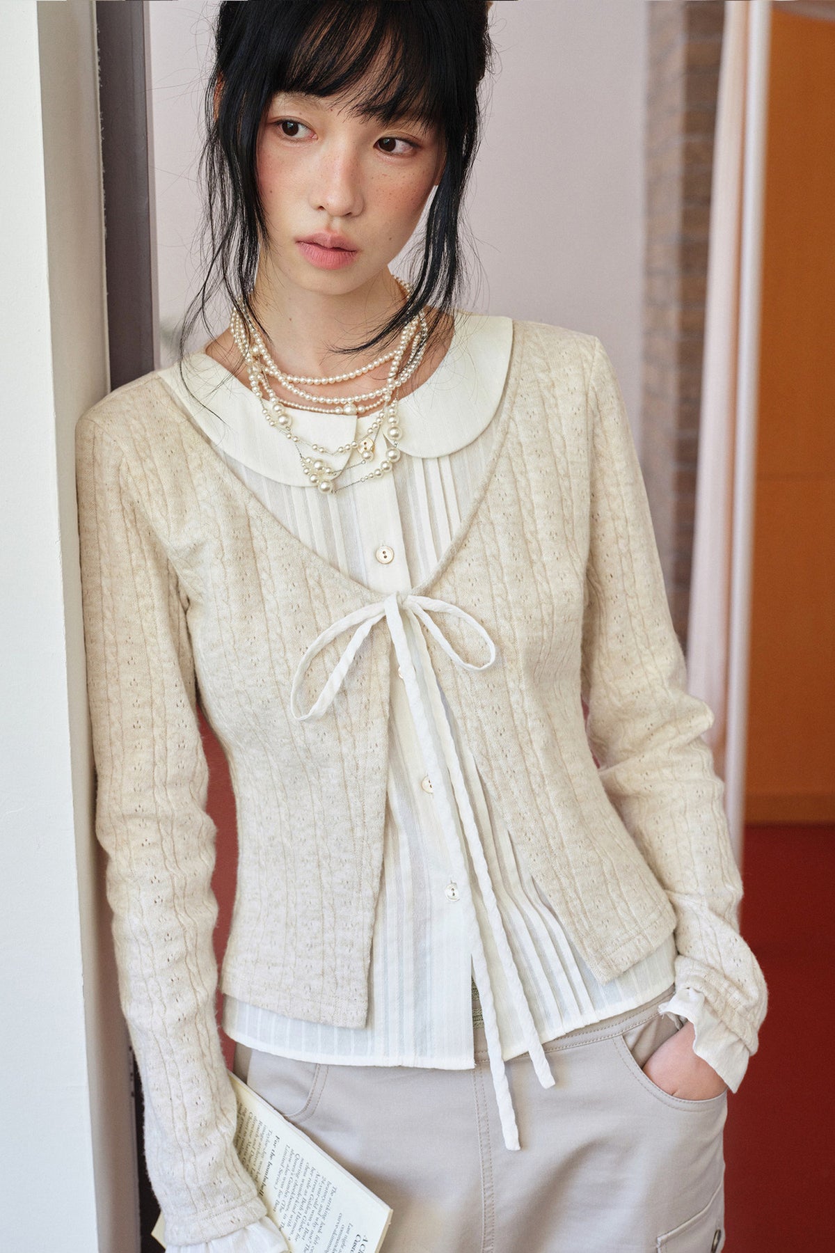 Beige Wool Tie-Up Doll Collar Knit Cardigan Top