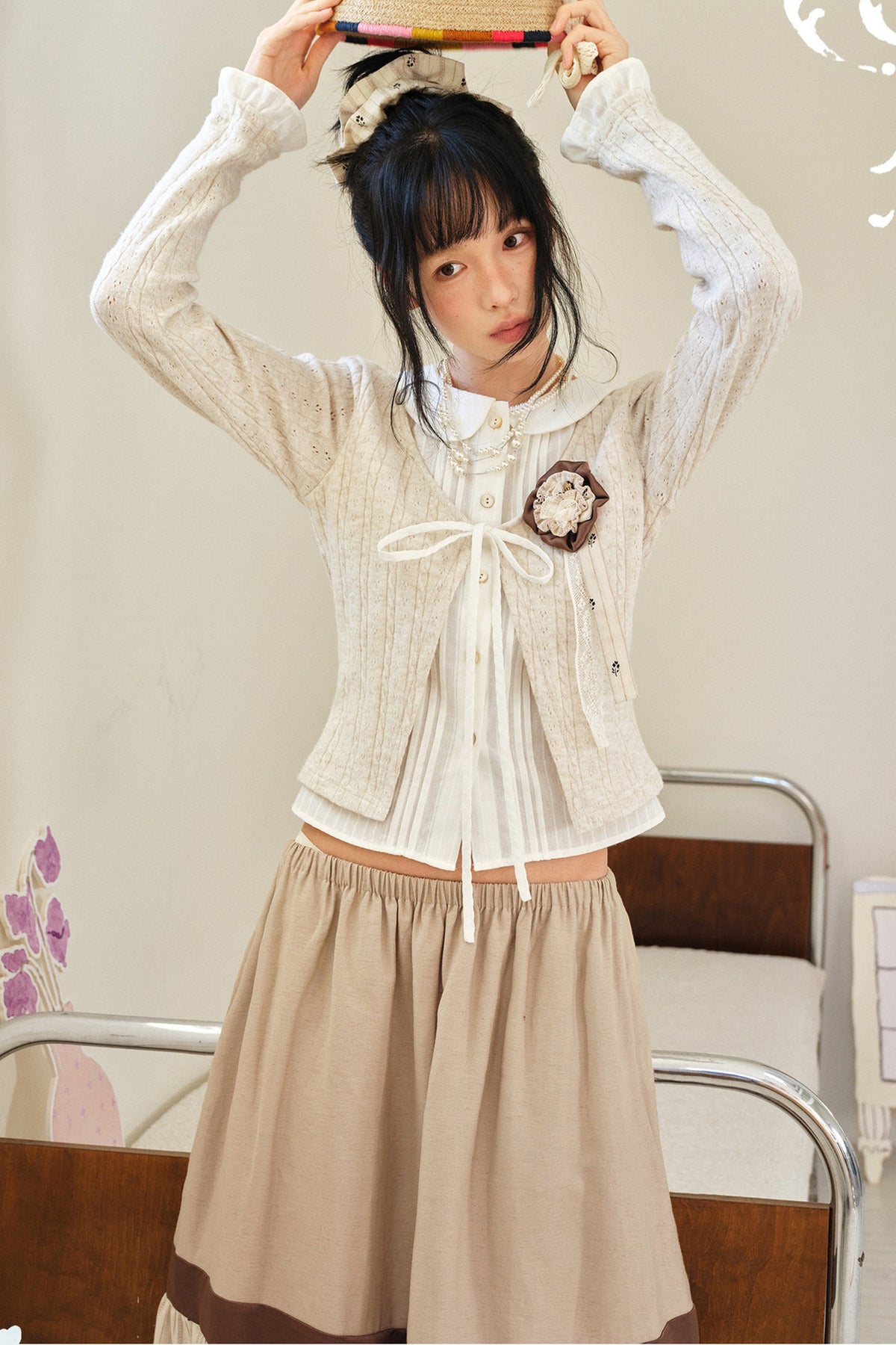 Beige Wool Tie-Up Doll Collar Knit Cardigan Top