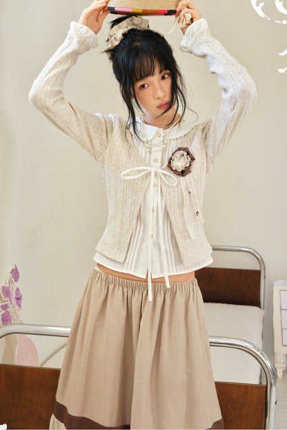 Beige Wool Tie-Up Doll Collar Knit Cardigan Top