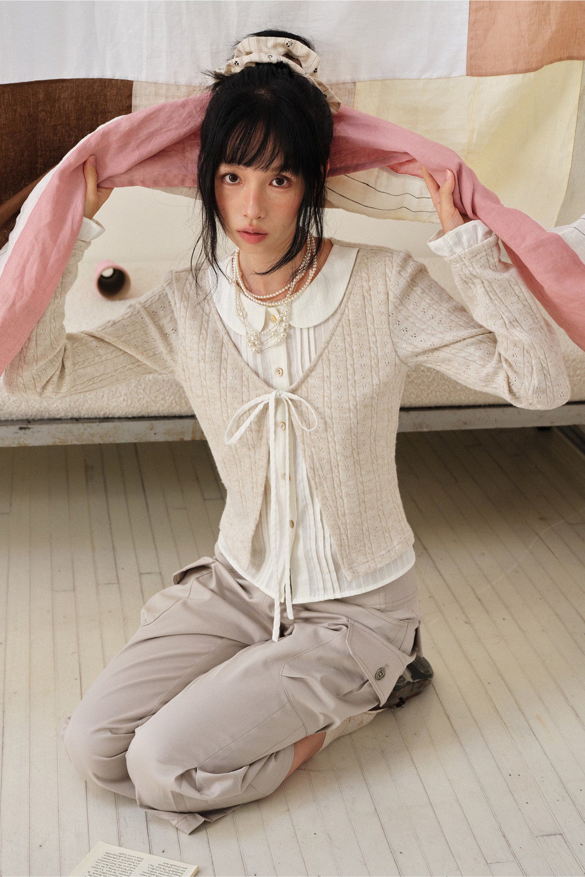Beige Wool Tie-Up Doll Collar Knit Cardigan Top