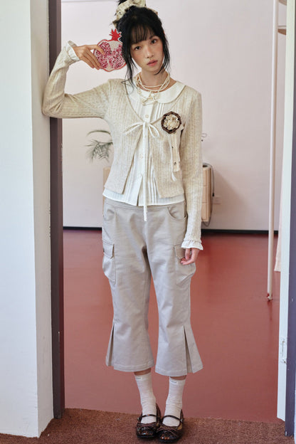 Beige Wool Tie-Up Doll Collar Knit Cardigan Top