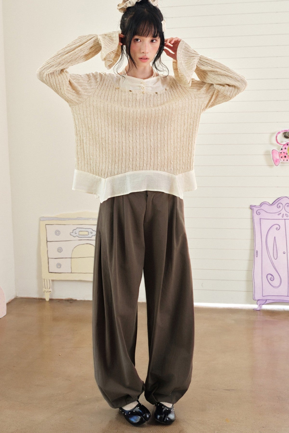Textured Tencel Linen Lace Stitching Blouse