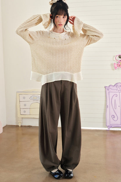 Textured Tencel Linen Lace Stitching Blouse