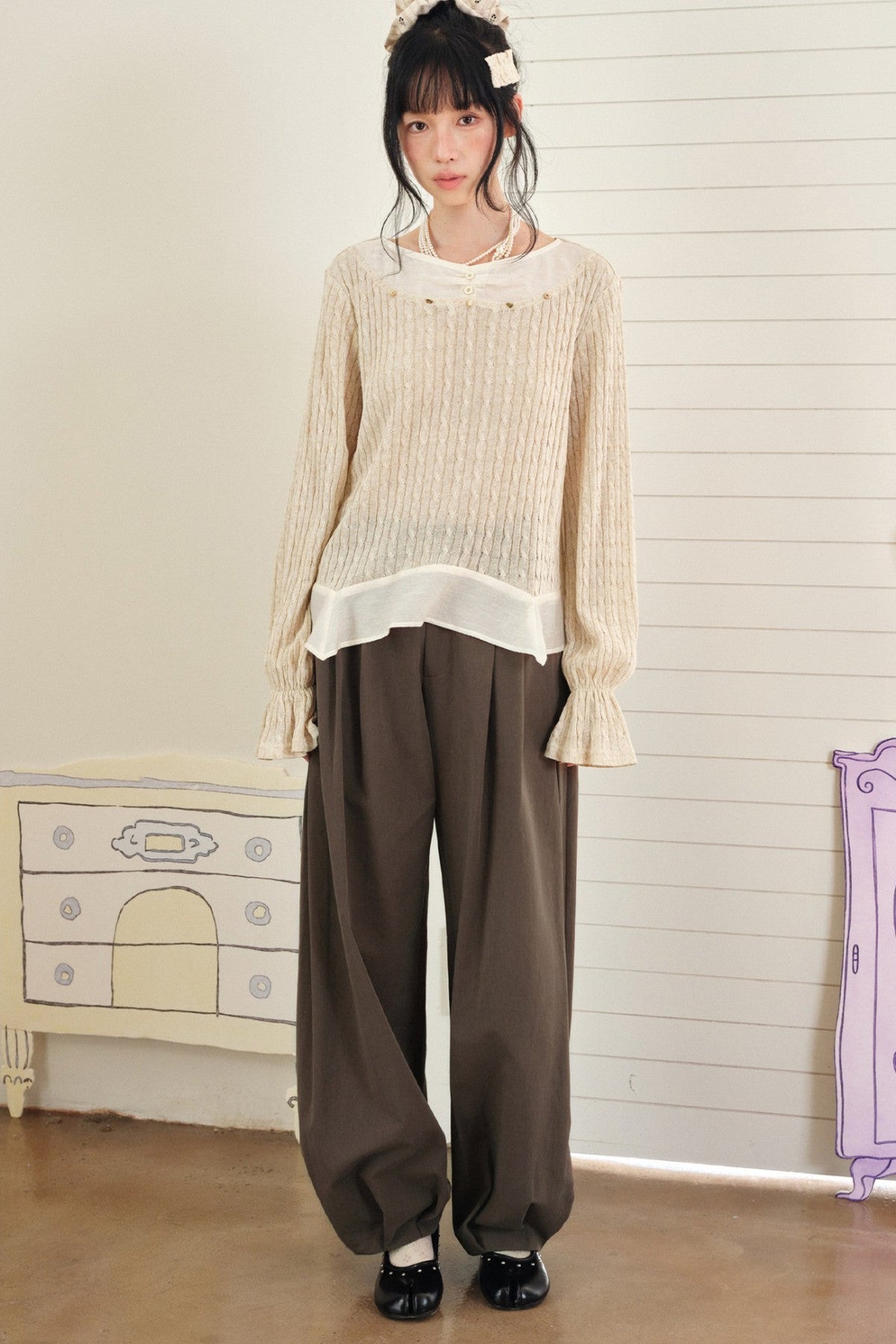 Textured Tencel Linen Lace Stitching Blouse