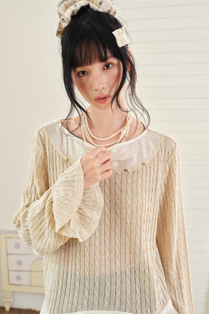 Textured Tencel Linen Lace Stitching Blouse