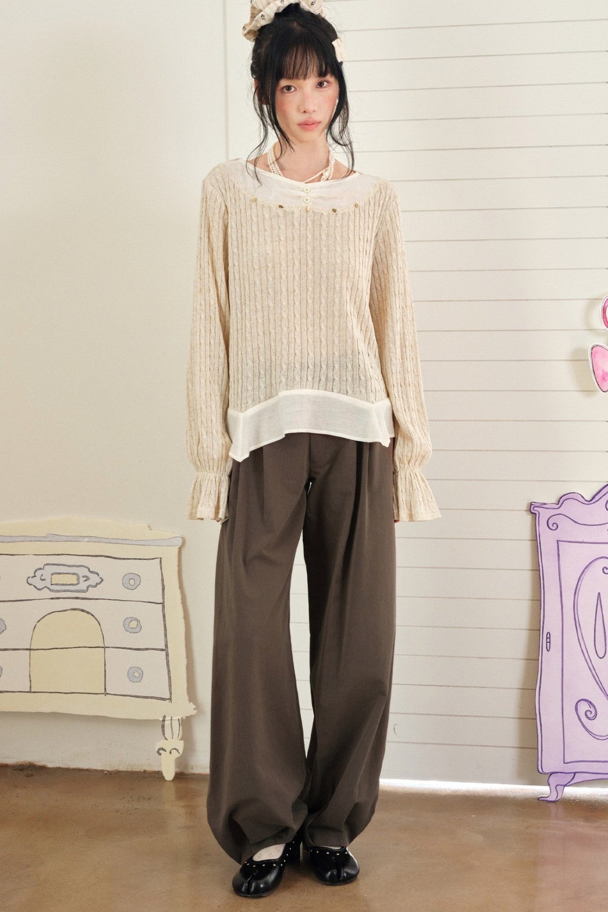 Textured Tencel Linen Lace Stitching Blouse