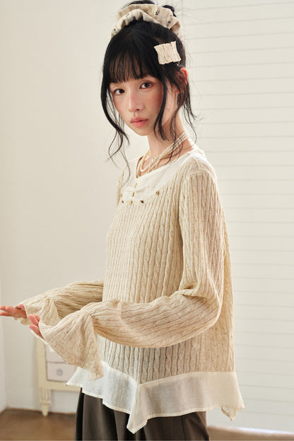 Textured Tencel Linen Lace Stitching Blouse