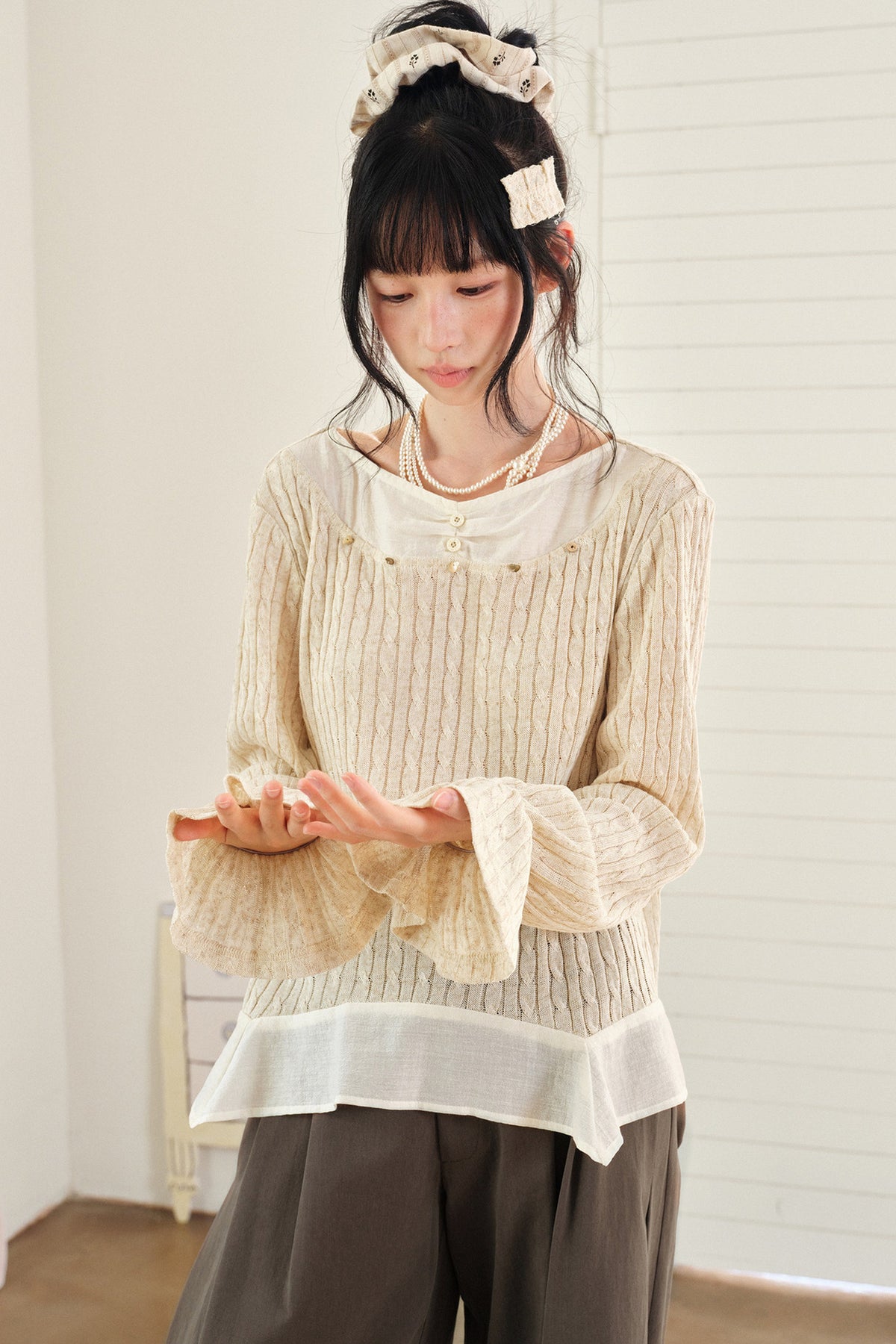 Textured Tencel Linen Lace Stitching Blouse