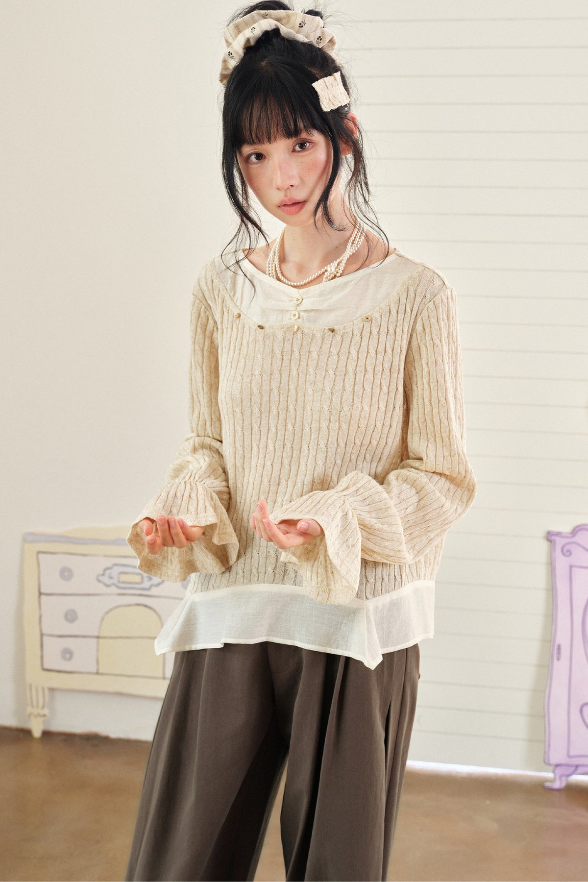 Textured Tencel Linen Lace Stitching Blouse