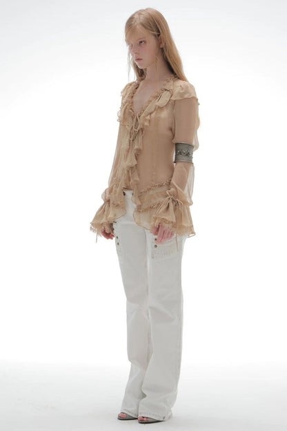Flared Distressed Three-Dimensional Stitching Jeans