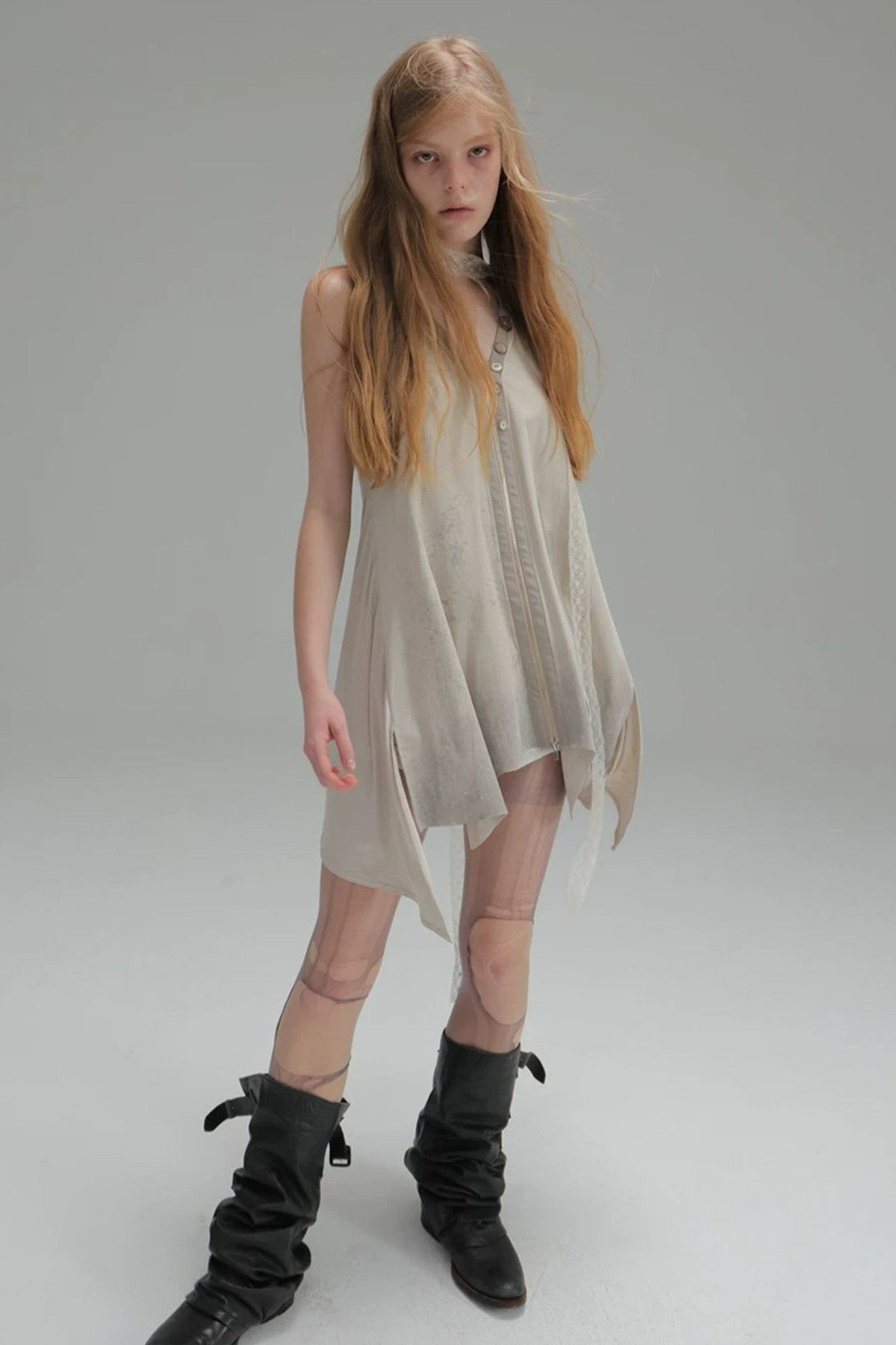 Printed Faux Suede Halter Zipper Backless Dress
