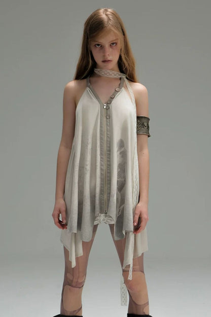 Printed Faux Suede Halter Zipper Backless Dress