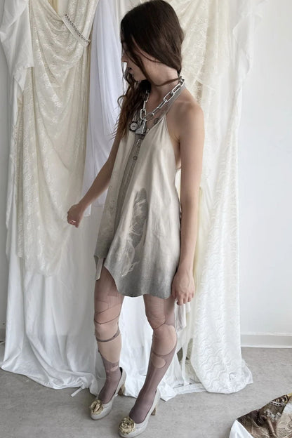 Printed Faux Suede Halter Zipper Backless Dress