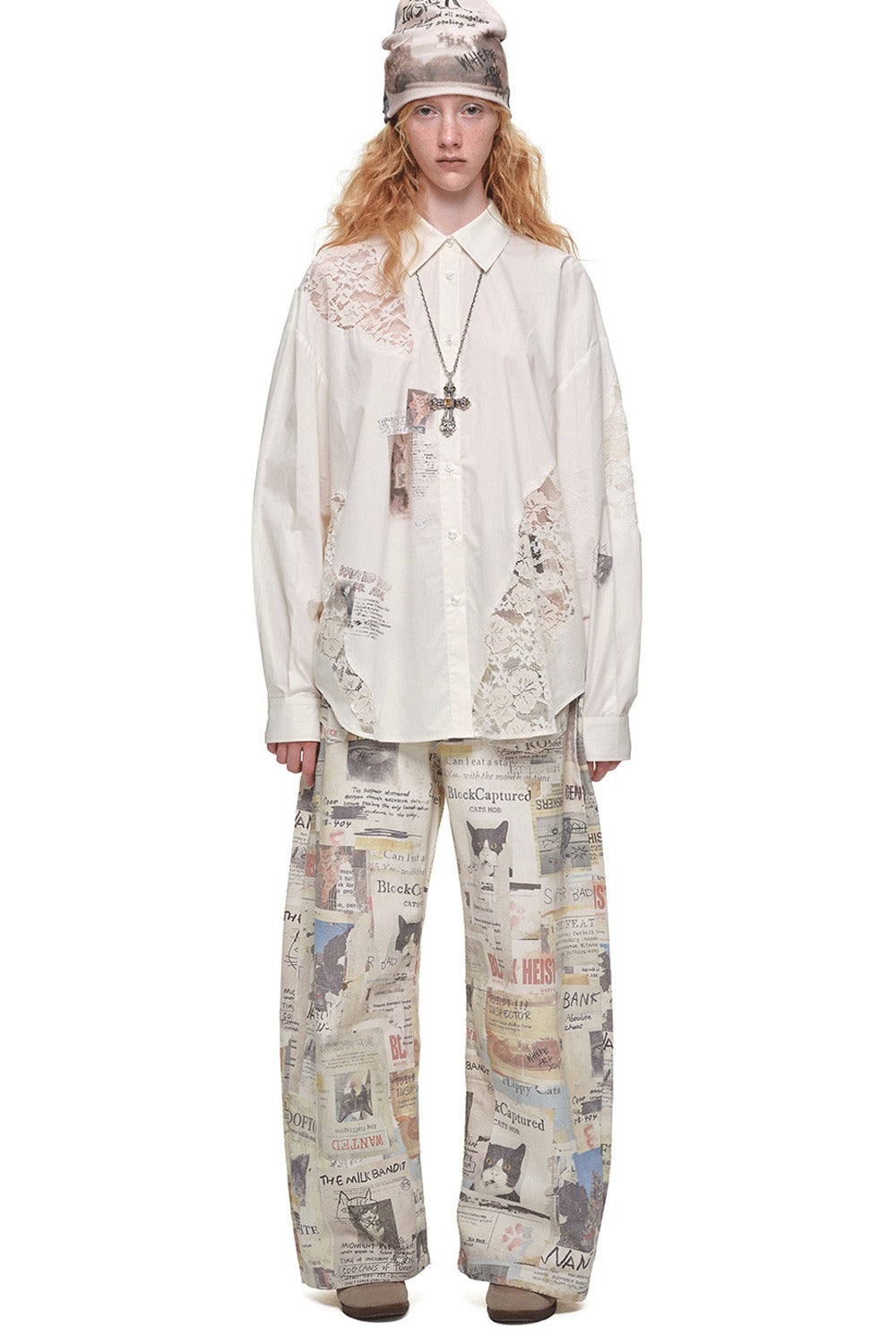 Cat Print Lace Patchwork Long Sleeve Shirt