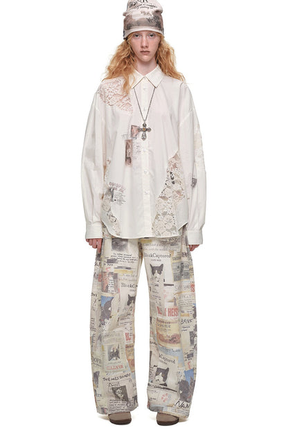 Cat Print Lace Patchwork Long Sleeve Shirt