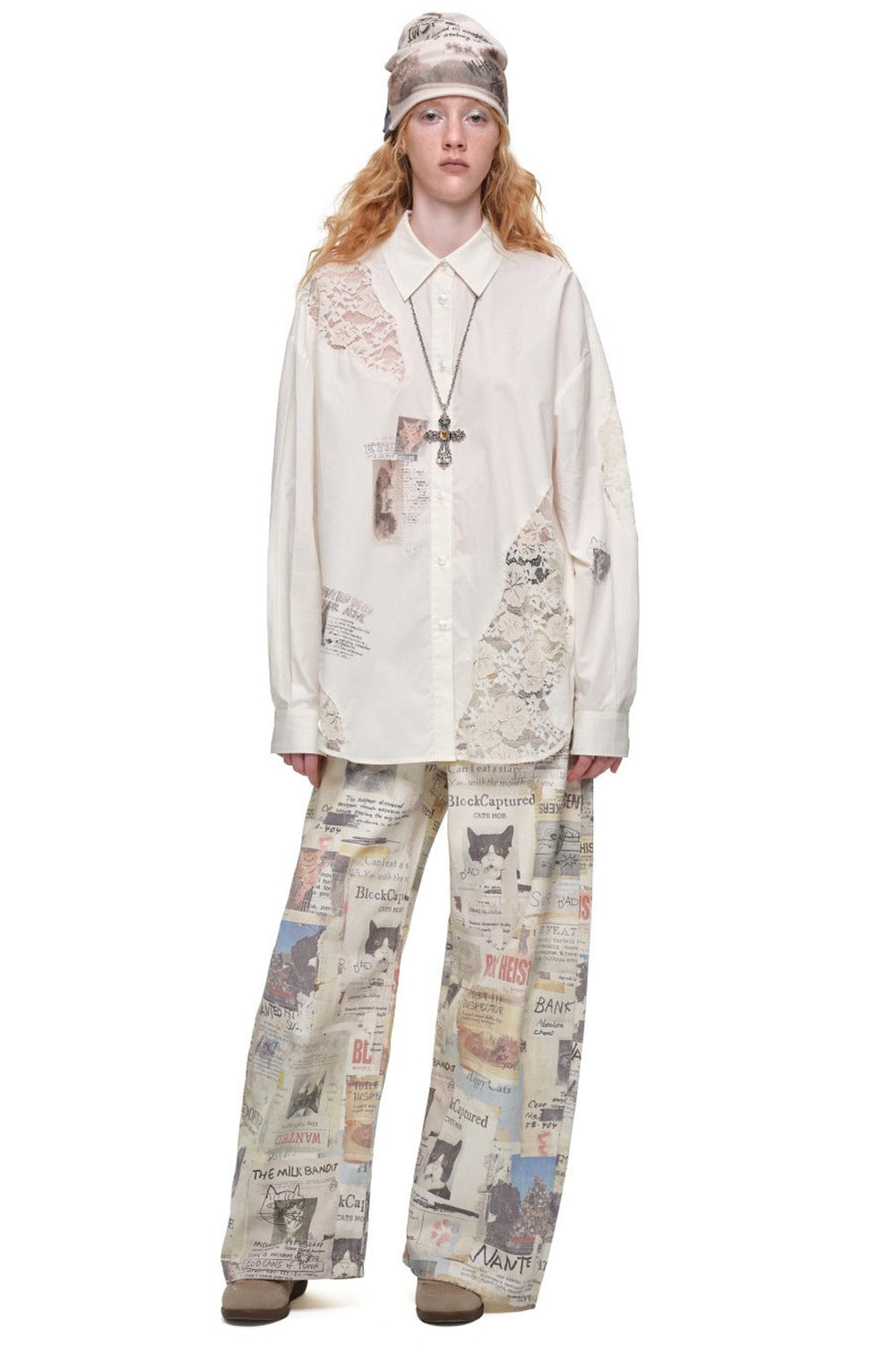 Cat Print Lace Patchwork Long Sleeve Shirt