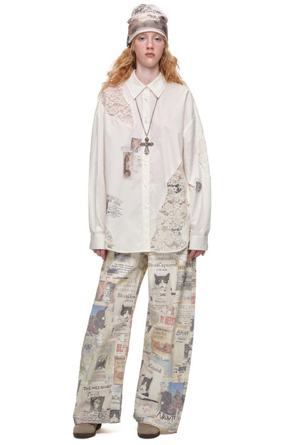 Cat Print Lace Patchwork Long Sleeve Shirt